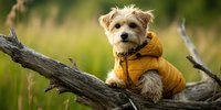 Small terrier dog wearing orange jacket sitting on fallen tree branch in natural outdoor setting with soft bokeh background for pet fashion and lifestyle concepts.