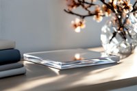 Minimalist workspace with stacked papers and blooming spring branches in glass vase casting soft shadows on white desk, morning sunlight creating peaceful atmosphere.