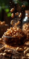 Peanuts falling into wooden bowl with dramatic lighting and motion effect, dark rustic background with bokeh. Food photography with flying nuts and dust.