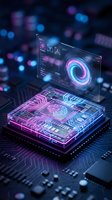 Futuristic holographic computer processor with glowing neon circuits and digital interface display on motherboard for technology and artificial intelligence concepts.