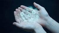 Hands holding glowing transparent sphere with geometric network pattern representing global connectivity, technology innovation and digital transformation concepts.