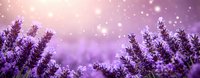 Lavender flowers blooming in dreamy purple field with sparkling bokeh lights and soft glowing background for aromatherapy and wellness designs.