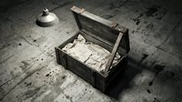 Vintage wooden treasure chest filled with old documents and papers on weathered stone floor. Antique storage box with historical manuscripts for mystery themes.