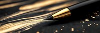 Luxury black and gold fountain pen tip on dark background with elegant light effects and metallic sparkles creating sophisticated writing atmosphere.