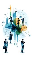 Business professionals networking with digital technology connections and data visualization elements for corporate communication strategies.
