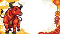 Red ox with traditional ornaments and lanterns on decorative background with golden clouds and swirls for lunar new year celebration and festive design.