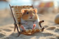 Adorable hamster relaxing in miniature wooden beach chair on sand, funny pet portrait with soft natural lighting and shallow depth of field.