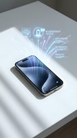 Modern smartphone with holographic AI assistant interface displaying brain icon and digital features on white surface for technology presentations.