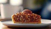 Slice of homemade pecan pie with caramel filling and whole pecan on top served on white plate, shallow depth of field creates appetizing mood for food photography.