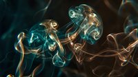Abstract swirling smoke patterns in teal and golden hues creating fluid artistic forms against dark background for creative design projects.
