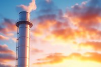 Industrial smokestack emitting steam against dramatic orange and purple sunset sky with fluffy clouds, environmental concept for energy production.