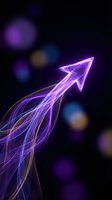 Glowing purple neon arrow with flowing light trails on dark background with bokeh effects for business growth and success concepts.