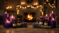 Purple candles and lavender essential oil bottles create cozy spa atmosphere with fireplace bokeh lights for relaxation and aromatherapy wellness.
