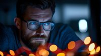 Bearded Caucasian man in glasses illuminated by warm bokeh lights at night creates atmospheric portrait with shallow depth of field and moody ambiance.