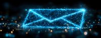 Glowing digital envelope shape formed by connected dots and lines with sparkles on dark background with bokeh lights, modern communication concept.
