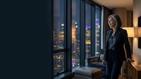 Professional blonde businesswoman in dark suit standing by floor-to-ceiling windows overlooking illuminated city skyline at night in modern office.