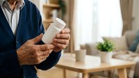 Senior man with brown skin holding white medication bottle in home interior with natural lighting and blurred background.