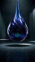 Suspended liquid droplet with swirling blue and purple iridescent patterns inside glass teardrop shape against dark background. Use for cosmetics, skincare, perfume, or luxury product packaging design.