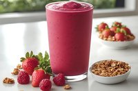 Fresh raspberry and strawberry smoothie in tall glass with granola and fresh berries, healthy breakfast drink photographed in natural light.