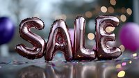 Rose gold foil balloon letters spelling SALE with blurred bokeh lights and scattered confetti on reflective surface creating festive shopping atmosphere.