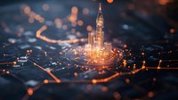 Glowing digital city skyline emerges from futuristic network grid with orange light trails and bokeh effects, representing smart city technology and urban connectivity.