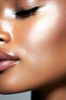 Close-up portrait highlighting flawless dark skin with dewy glow, long eyelashes, and glossy mauve lips against soft lighting, showcasing natural beauty and makeup artistry.