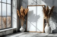 Minimalist interior scene with golden pampas grass in white ceramic vases, empty wooden frame and dramatic window light casting shadows on textured wall.