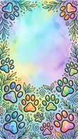 Colorful paw prints and botanical leaves frame a soft watercolor gradient background in pastel tones, ideal for pet-related designs, greeting cards, and children's illustrations.