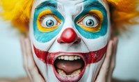 Close-up portrait of scary clown face with bright makeup, yellow hair, red nose, turquoise eye shadows and red painted smile showing teeth against white background.