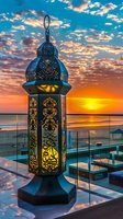 Traditional ornate lantern glowing at sunset against dramatic orange and blue sky, with ocean view from luxury terrace. Decorative metal artwork creates magical ambiance.