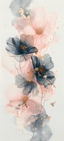 Delicate watercolor flowers in navy blue and blush pink with gold accents, flowing arrangement on light background. Artistic botanical composition for wall decor.