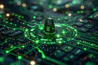 Futuristic cybersecurity concept with glowing green padlock hologram on circuit board background, perfect for digital protection and data privacy presentations.