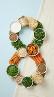 Healthy foods arranged in number eight shape with vegetables, grains, and fermented products on pastel background for nutrition content.