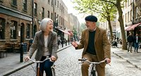 Mature couple enjoying bicycle ride through historic city street with cobblestones and traditional architecture on sunny day.