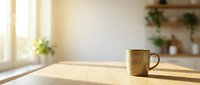 Warm sunlight streams through a window onto a wooden table with a golden mug, creating a serene morning atmosphere. Blurred shelving and plants in background.