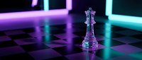 Glass chess king piece on checkered board with vibrant neon purple and cyan lighting creating futuristic gaming atmosphere for strategic concepts.