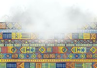 Colorful geometric tribal pattern with repeating ethnic motifs in yellow, blue, red and green stripes, ideal for textile and background design projects.