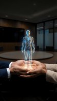 Businesspeople holding glowing holographic human anatomy model in modern office conference room, representing healthcare innovation, medical technology, and digital wellness solutions.