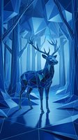 Geometric deer silhouette in polygonal forest with blue crystal facets and low poly design for modern digital art and contemporary graphic projects.