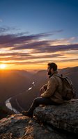 Male hiker with backpack sitting on mountain cliff edge at sunset, overlooking valley with river and distant peaks. Golden hour landscape for travel and adventure themes.