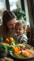 Young mother and toddler daughter enjoying autumn harvest meal with pumpkins and fresh vegetables in cozy home setting with natural light.