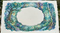 Watercolor oval frame with enchanted forest elements, mystical trees, leaves and magical creatures in turquoise and blue tones on textured paper background.