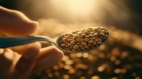 Macro shot of raw lentils in metal spoon held by hand against blurred golden background with dramatic lighting, showcasing natural ingredients for cooking.