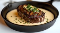 Grilled beef steak with creamy sauce and fresh chopped parsley served in cast iron pan. Juicy meat with golden crust and rich restaurant presentation.
