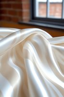 Luxurious white silk fabric with soft waves and folds creating elegant texture and sheen against natural window light, suitable for wedding and fashion designs.