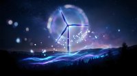 Wind turbine glowing with purple neon light waves under a starry night sky, symbolizing clean renewable energy and future technology.