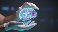 Hands protecting glowing digital brain with neural networks and synapses. Mental health care, artificial intelligence and neuroscience concept.