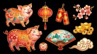 Colorful pig illustrations with traditional Asian patterns, red lanterns, firecrackers, cherry blossoms, gold coins, fan, and cloud designs isolated on transparent background. Ready for t-shirt designs, clipart, stickers, and print-on-demand products.