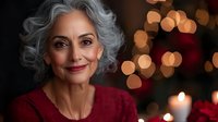 Elegant mature woman with silver curly hair wearing burgundy sweater smiling warmly against festive bokeh background with candles and holiday lights.