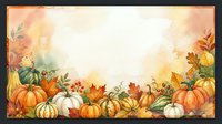 Autumn harvest frame with pumpkins, gourds and fall foliage creating decorative border on warm watercolor background for seasonal greeting cards and designs.